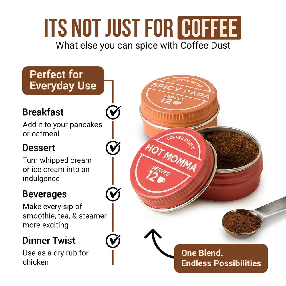 vashon coffee dust next to mug showing compact size for travel and storage