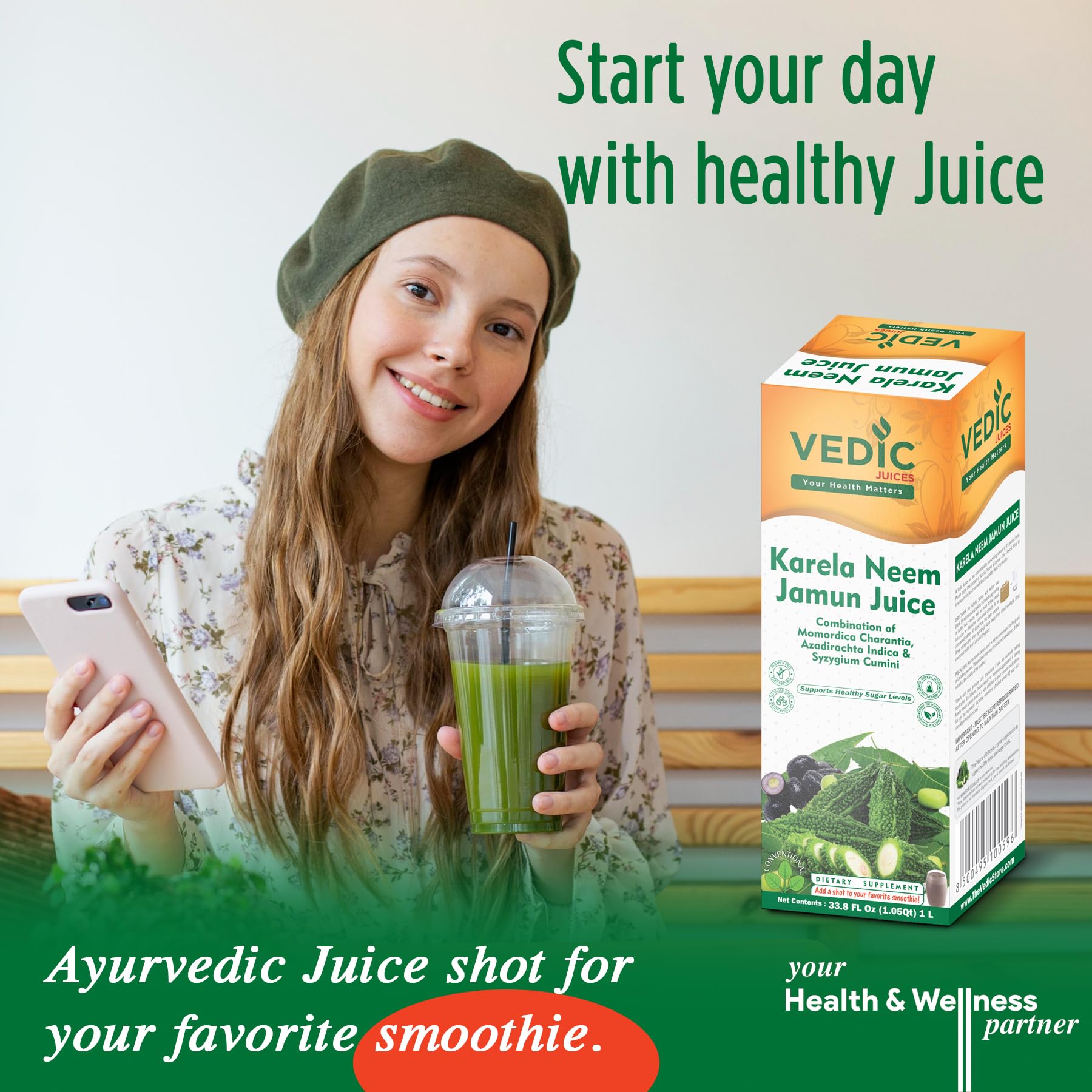 Vedic Juices bottle close-up label highlighting neem karela jamun ingredients and natural sourcing benefit
