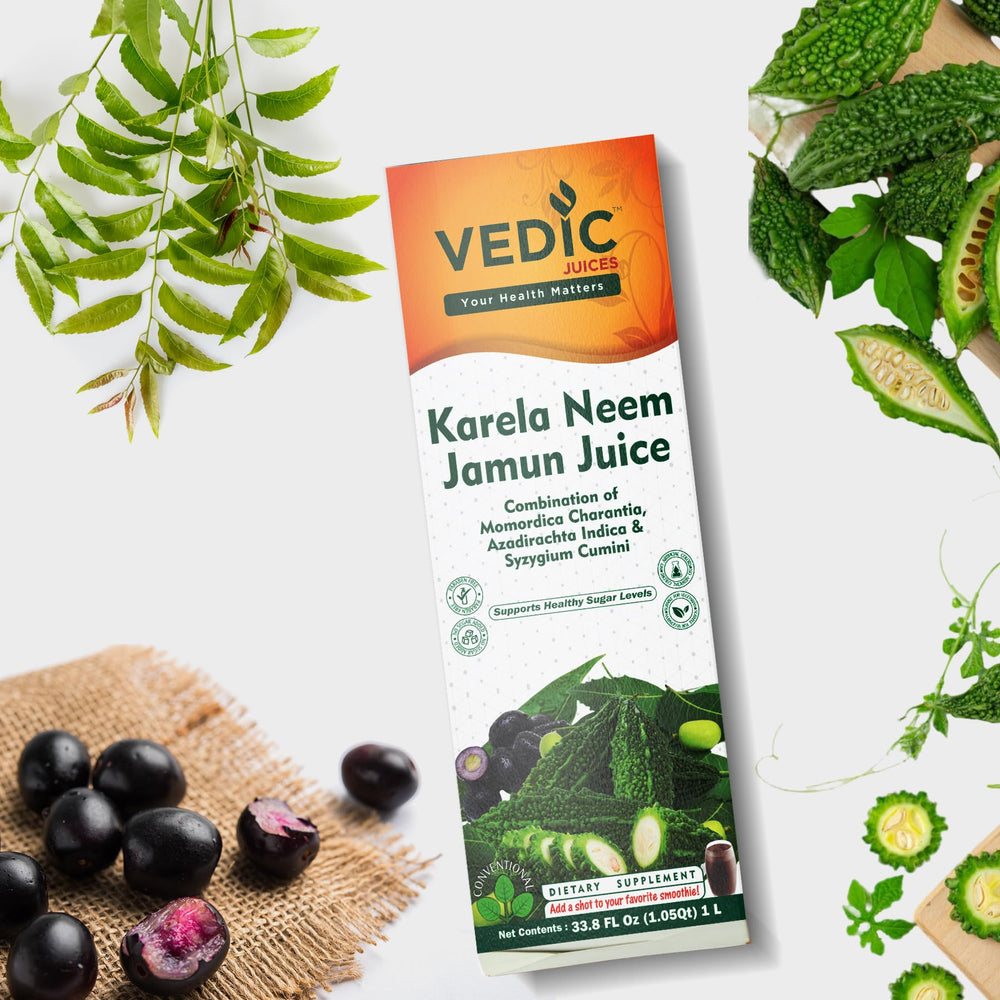Vedic Juices front packaging showing 1000ml bottle and original flavour, clear branding benefit convenience