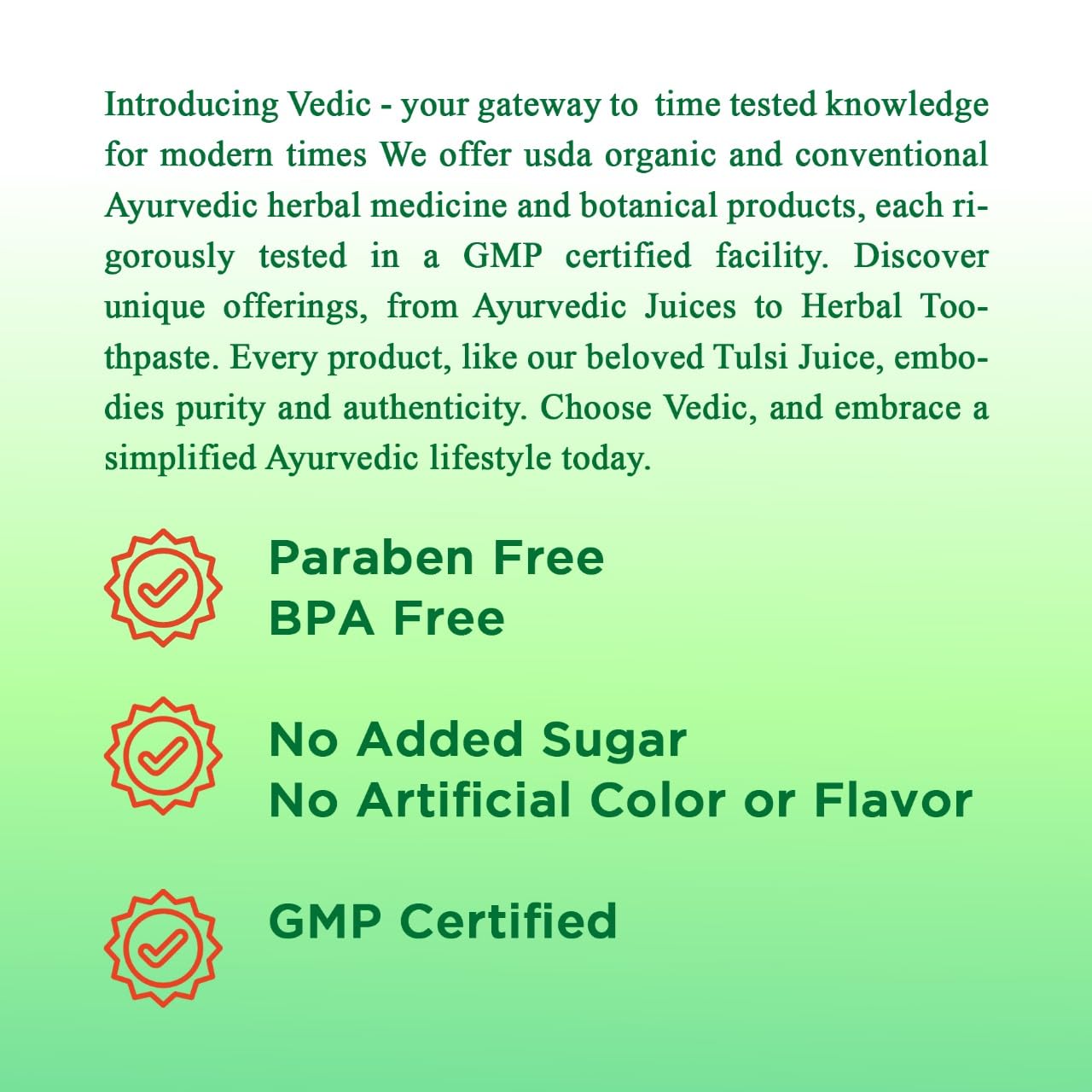 Vedic Juices beside measuring cup and fruits to show serving size and bottle scale, aiding dosage accuracy