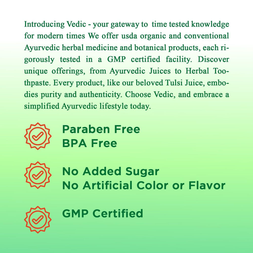Vedic Juices beside measuring cup and fruits to show serving size and bottle scale, aiding dosage accuracy