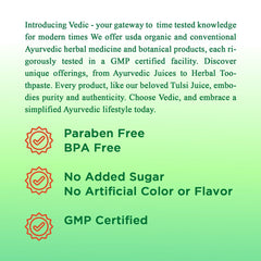 Vedic Juices beside measuring cup and fruits to show serving size and bottle scale, aiding dosage accuracy