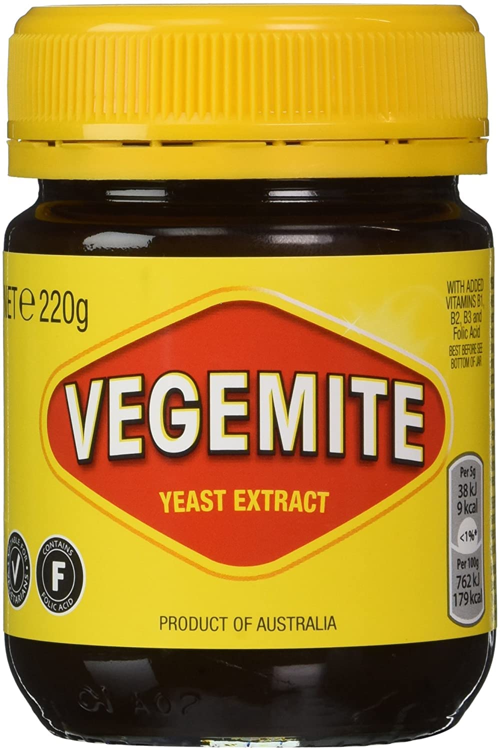 Vegemite front jar 220g showing brand and packaging benefit quick recognition
