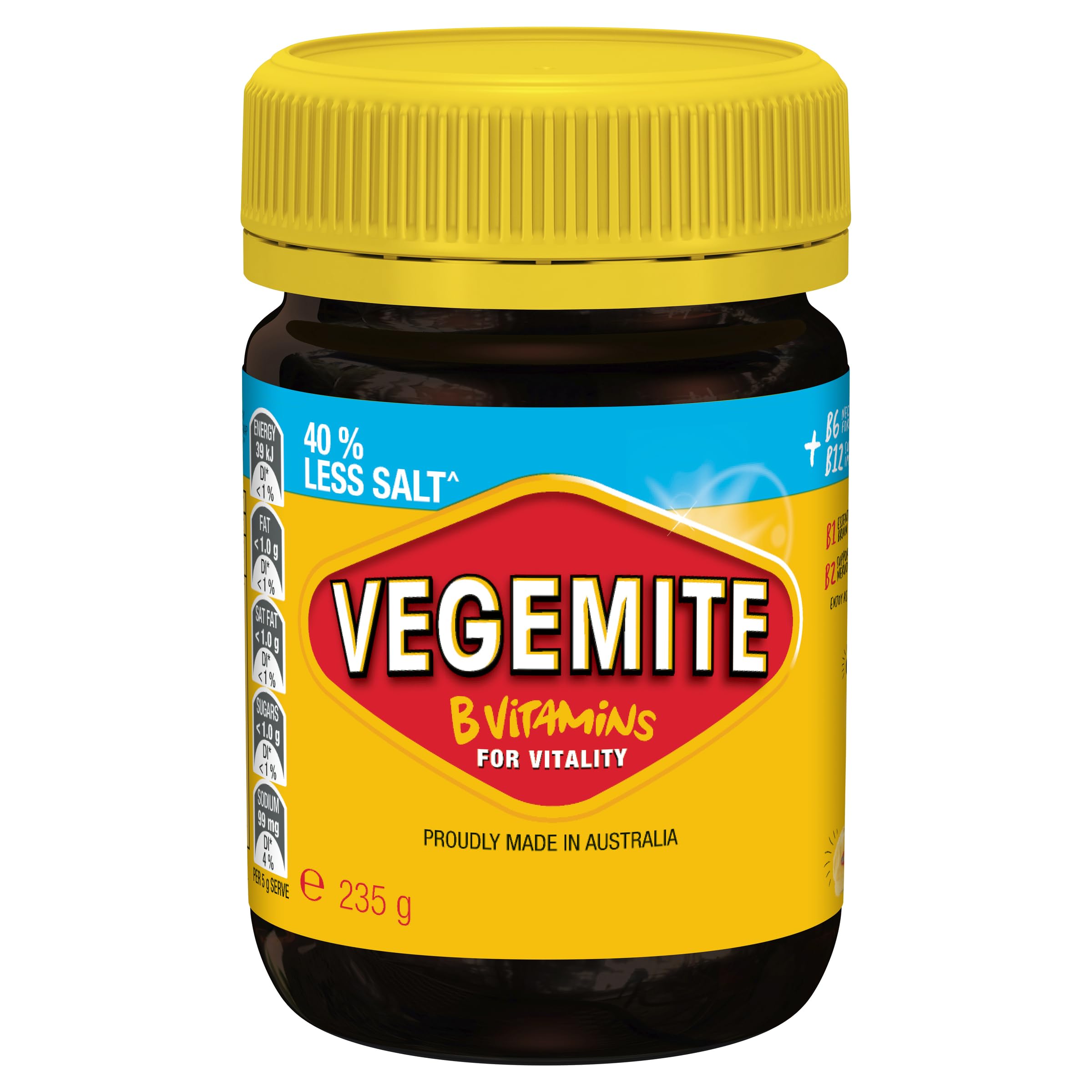 Vegemite jar front label showing brand and 235g size with clear benefit