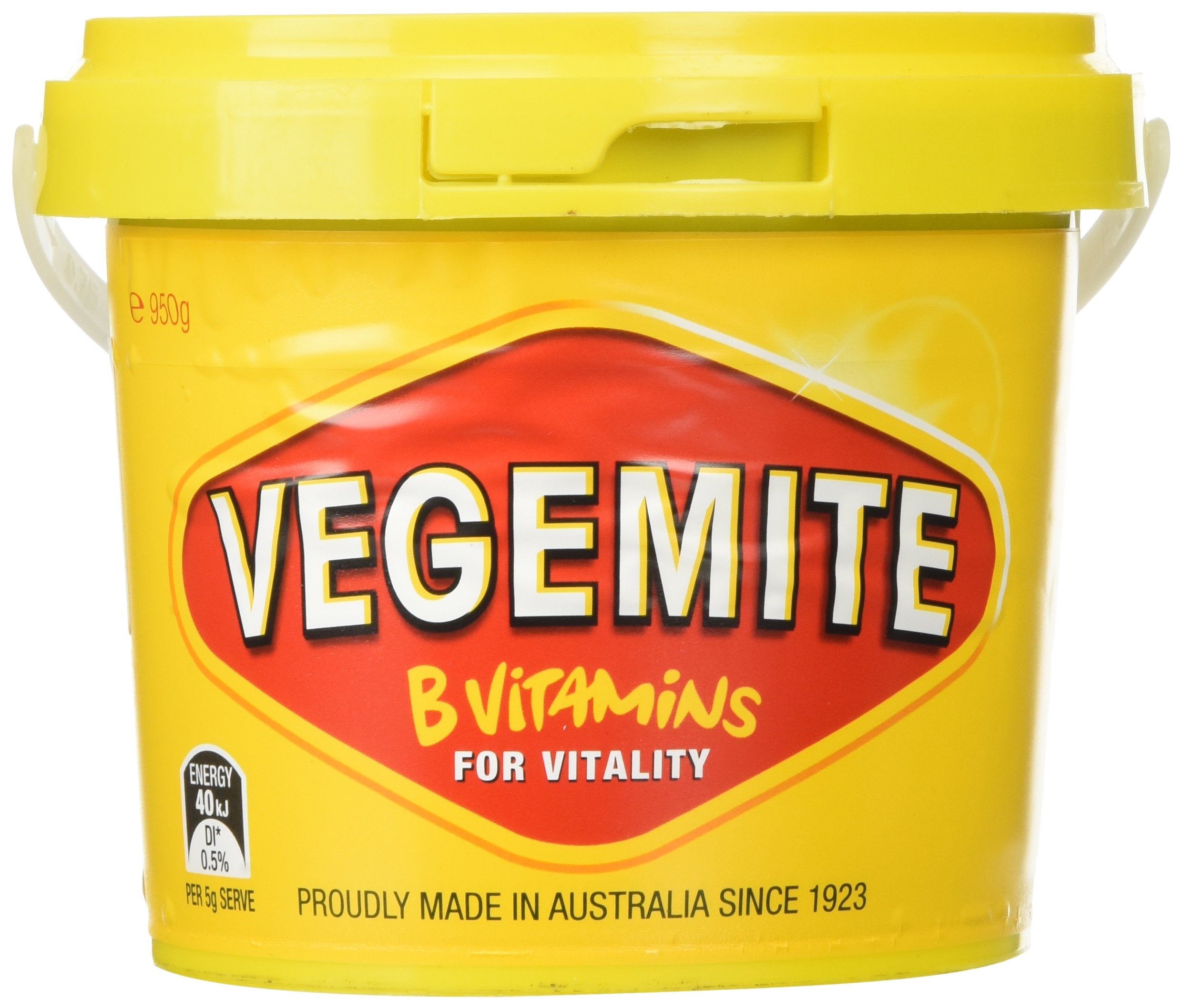 Vegemite 950g tub front view showing label and size, conveys Australian origin and pantry-ready convenience