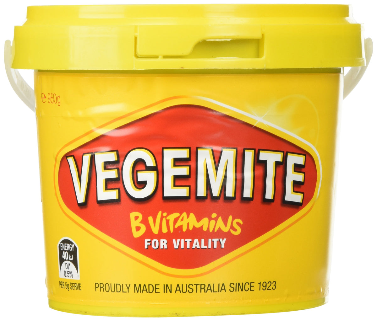 Vegemite 950g tub front view showing label and size, conveys Australian origin and pantry-ready convenience