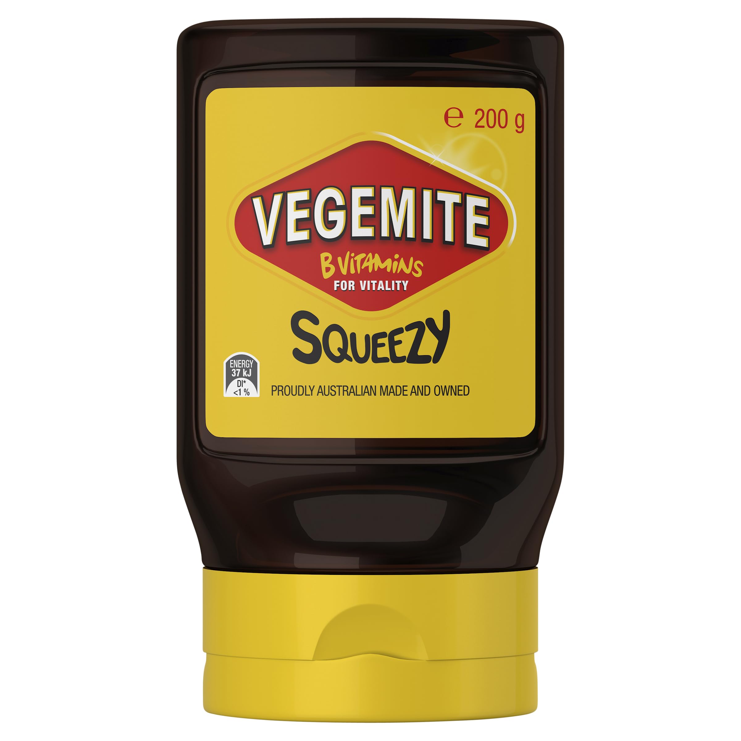 Vegemite Squeezy front bottle showing label and 200g weight, clear filing benefit