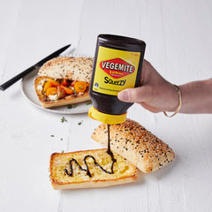 Vegemite Squeezy nozzle close-up with controlled flow for mess-free spreading