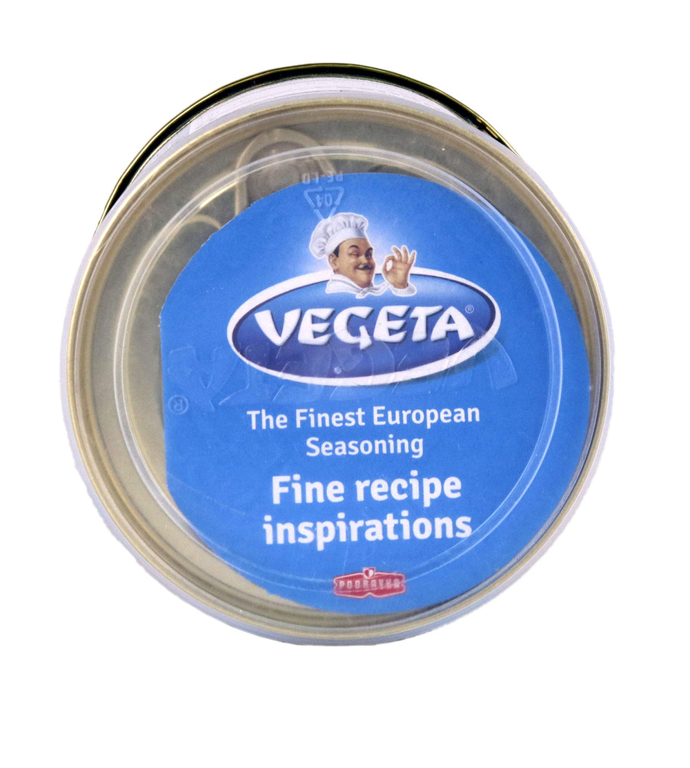 Vegeta tin on pantry shelf highlighting durable storage and freshness