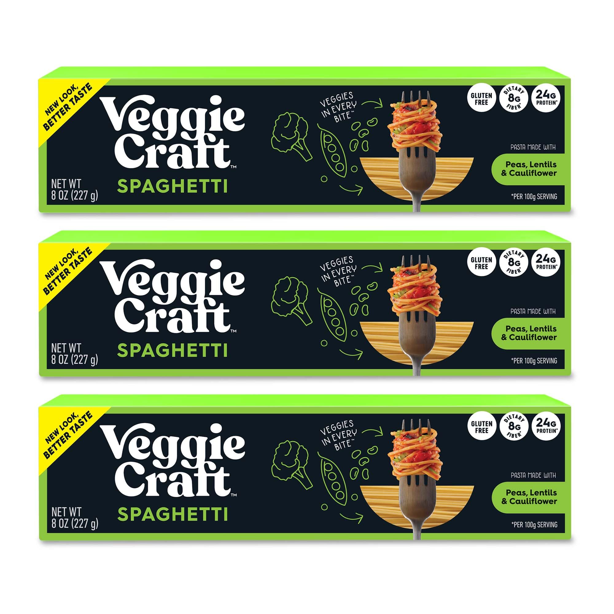 Veggiecraft Farms front packaging showing improved thin spaghetti and benefits