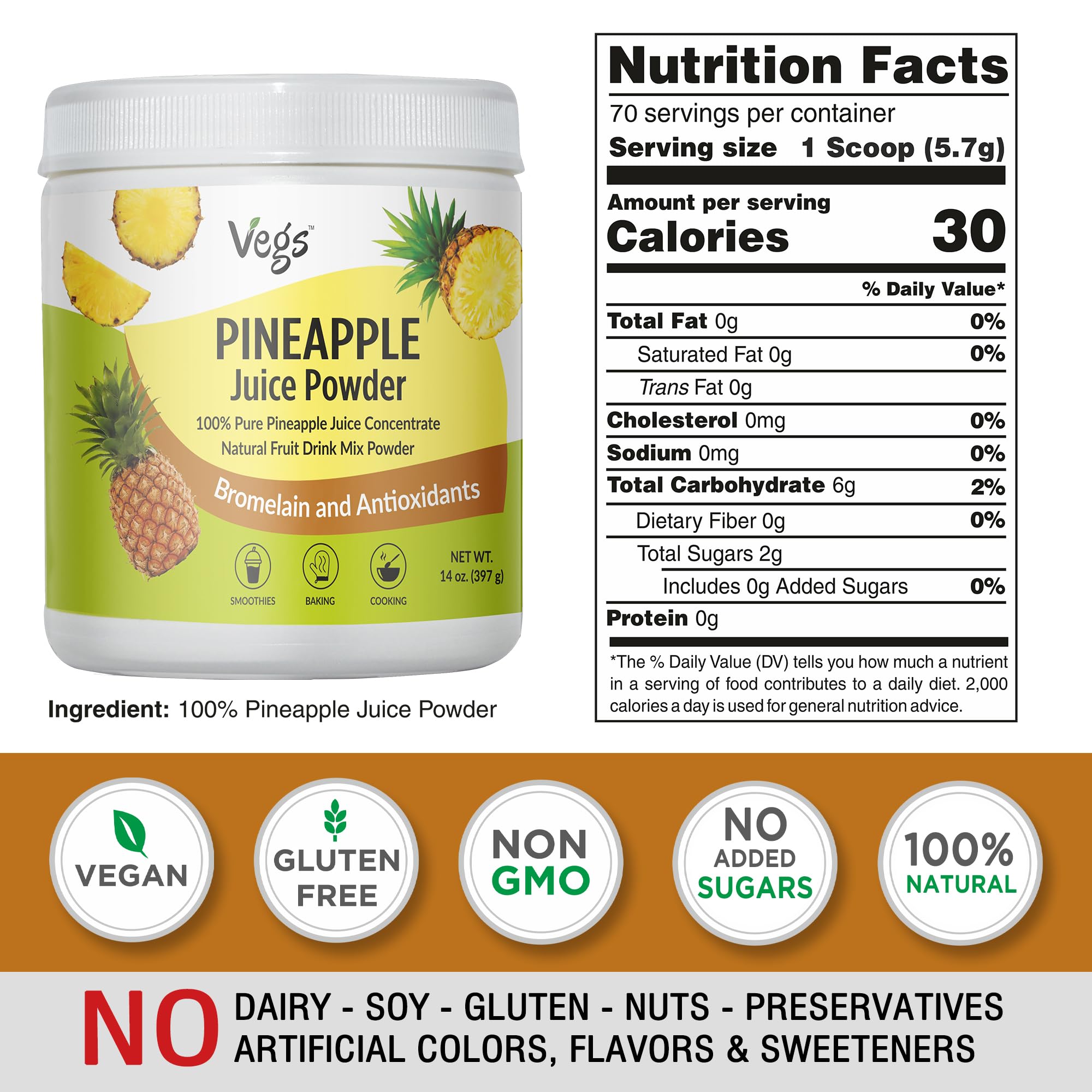 Vegs open jar with golden pineapple powder ready to scoop