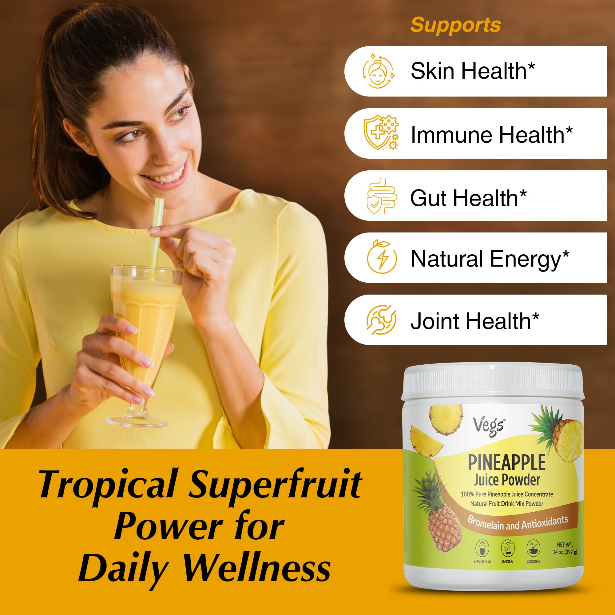Vegs pineapple powder blended into a tropical smoothie for flavor