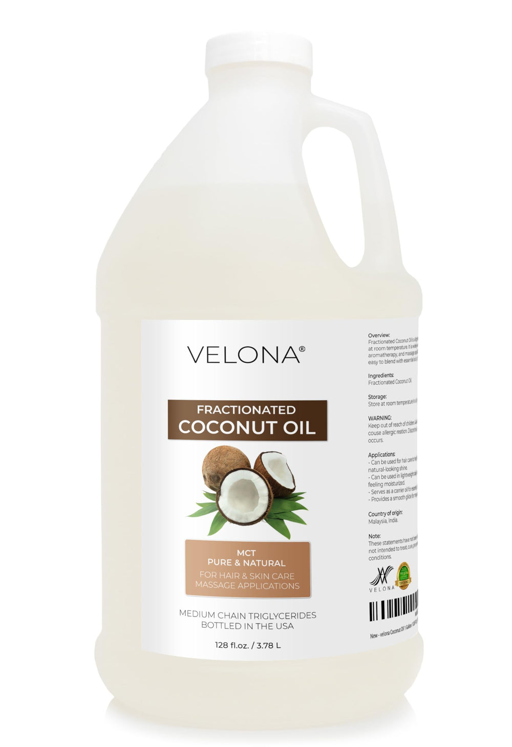 velona front label on 1 gallon bottle showing product identity and purity benefits
