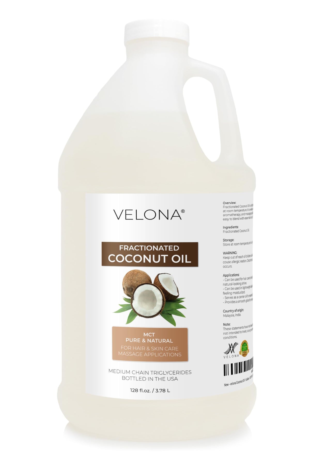 velona front label on 1 gallon bottle showing product identity and purity benefits