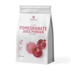 VELOTO front pouch showing organic pomegranate powder and clean ingredients benefit