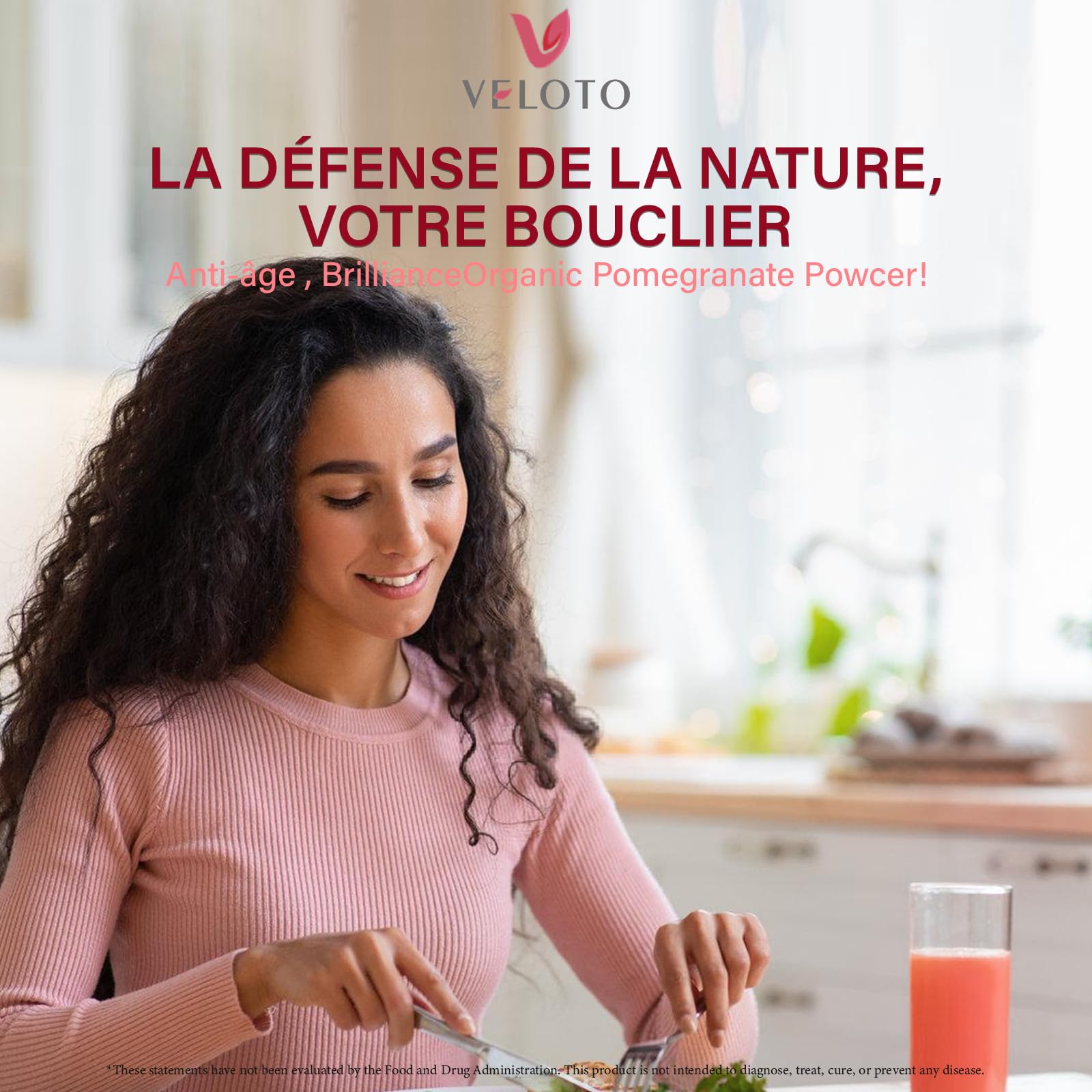 VELOTO powder displayed on a breakfast table conveying easy daily-use convenience benefit