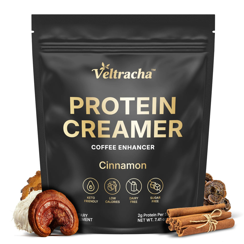 Veltracha front packaging showing cinnamon collagen creamer and benefits