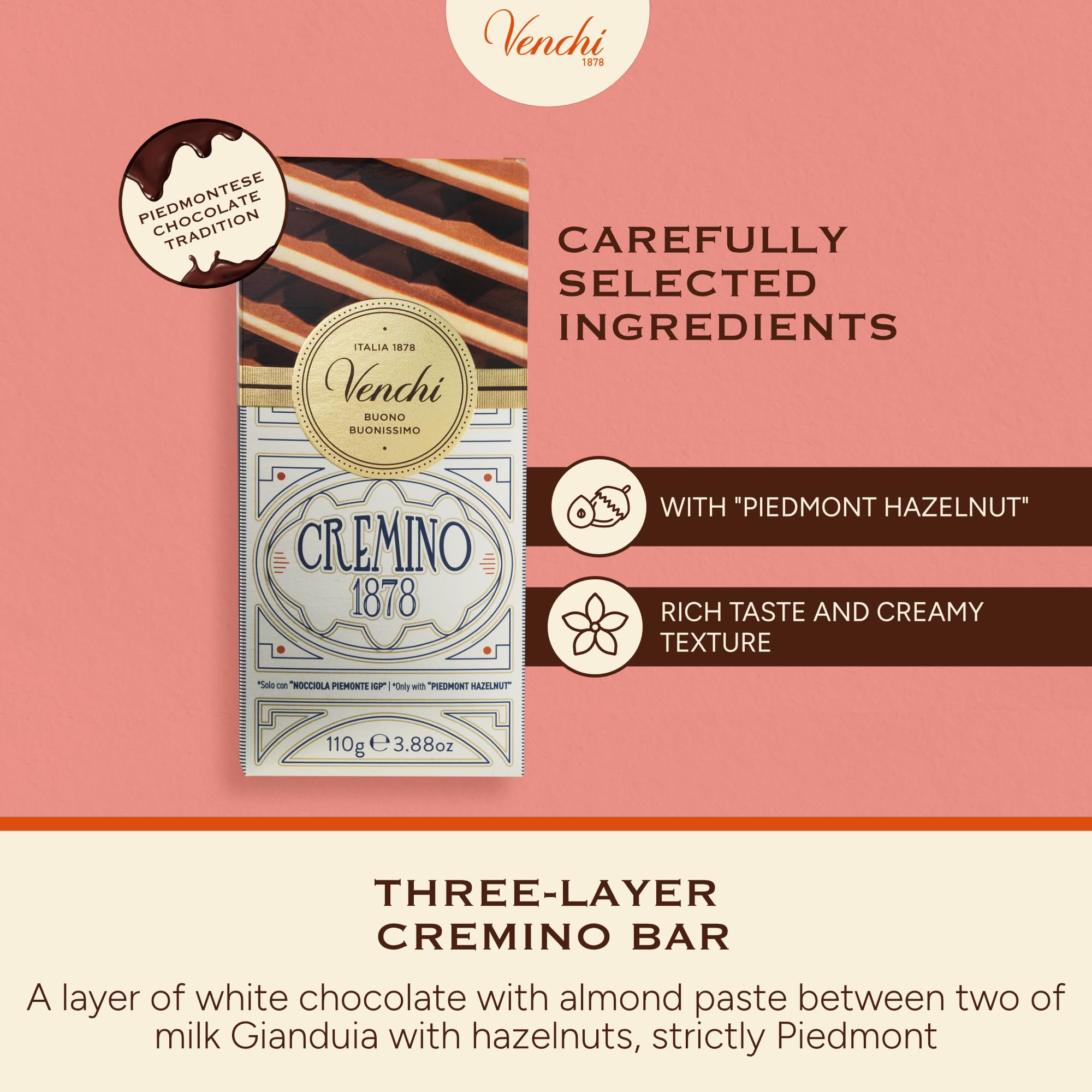 Venchi Cremino close-up of milk gianduja texture, emphasizes smooth hazelnut richness