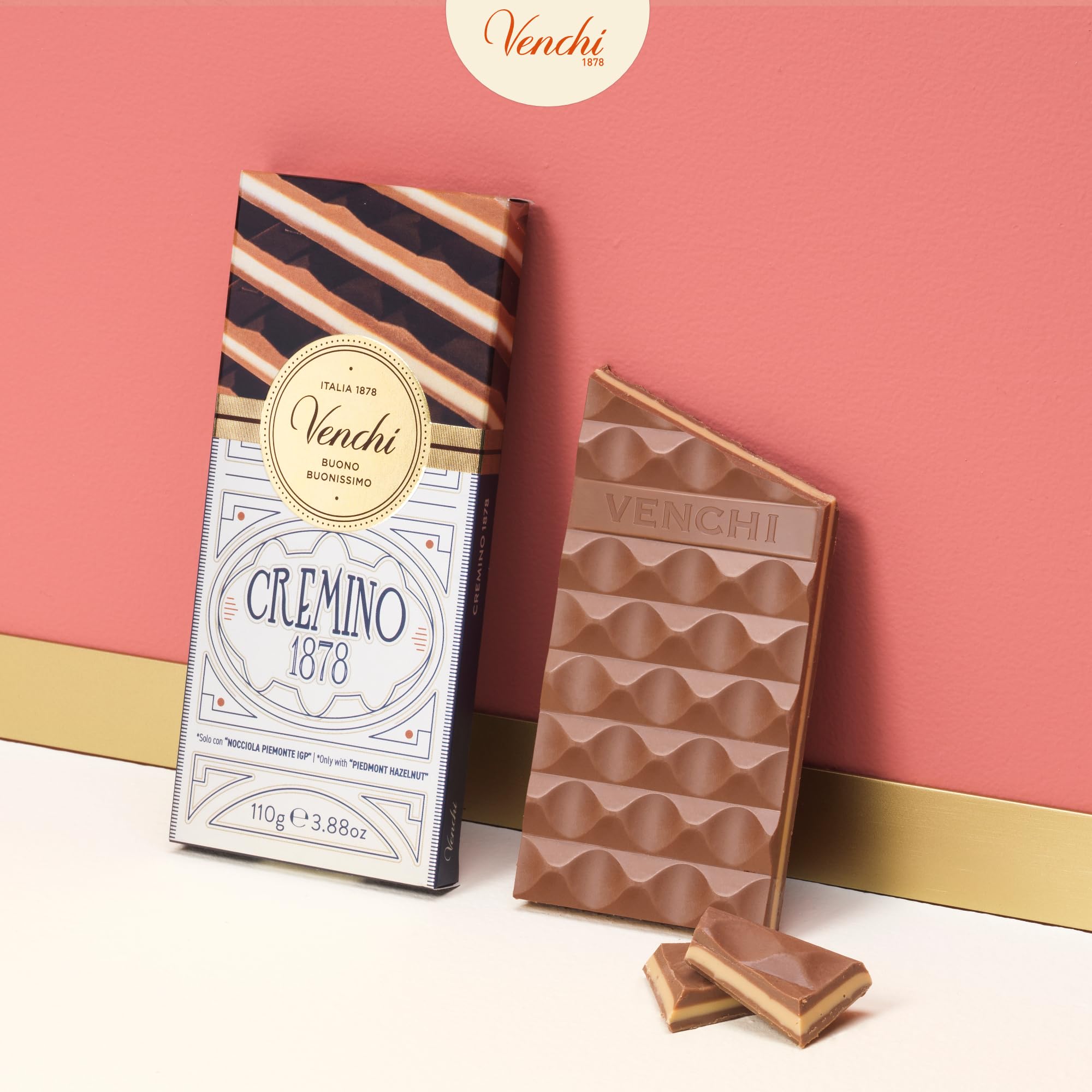 Venchi Cremino cross-section displaying three layers and creamy texture, highlights taste profile