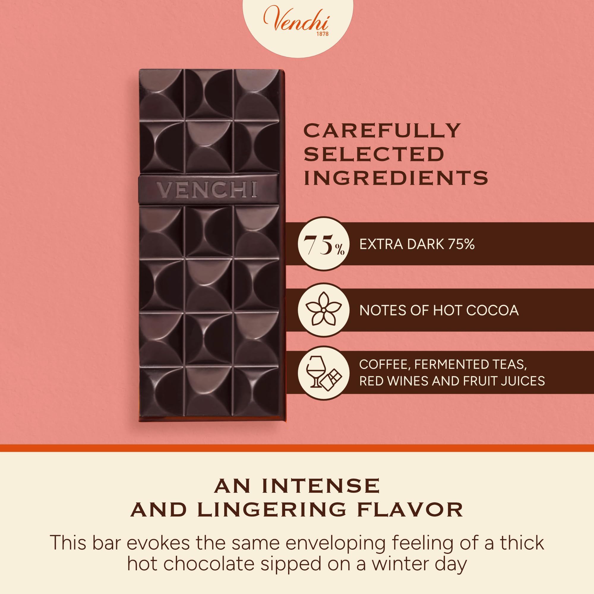 Venchi unwrapped chocolate square displayed for tasting, emphasizing aromatic persistence benefit