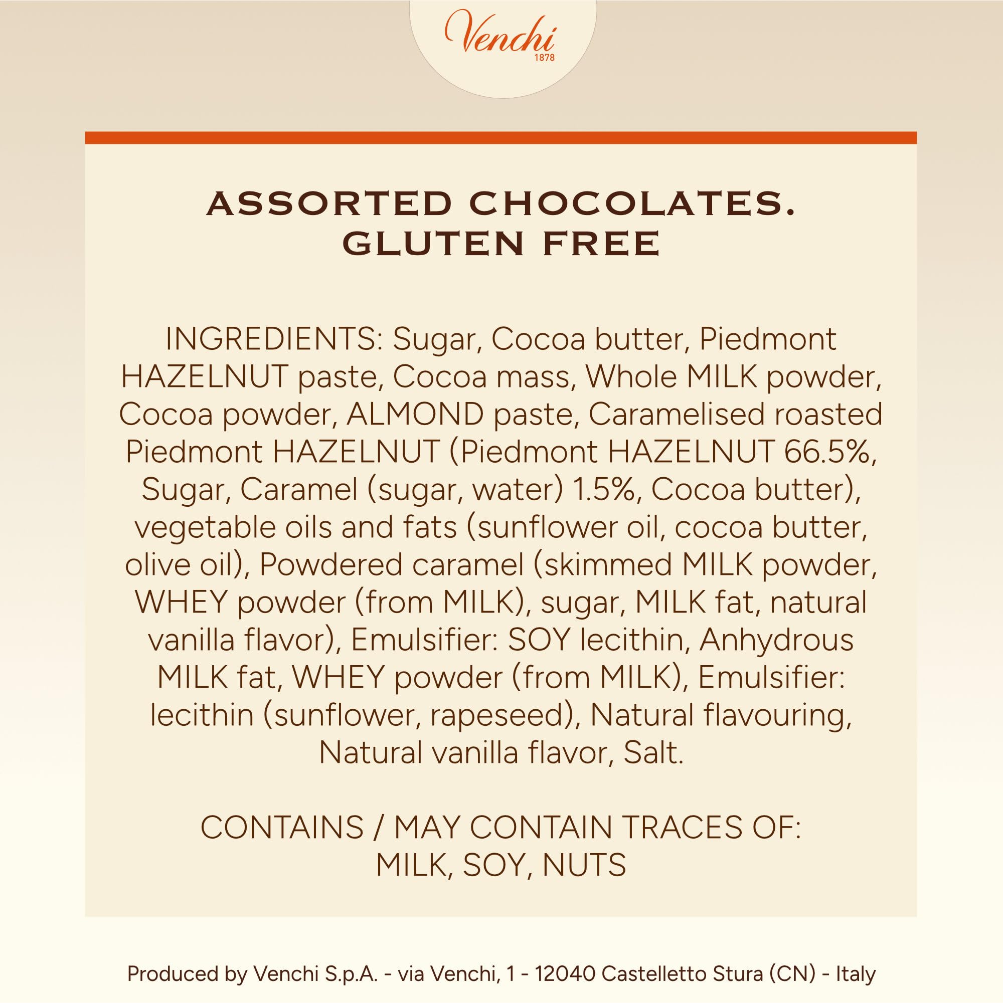 Venchi label and ingredient list closeup emphasizing natural ingredients and allergy awareness