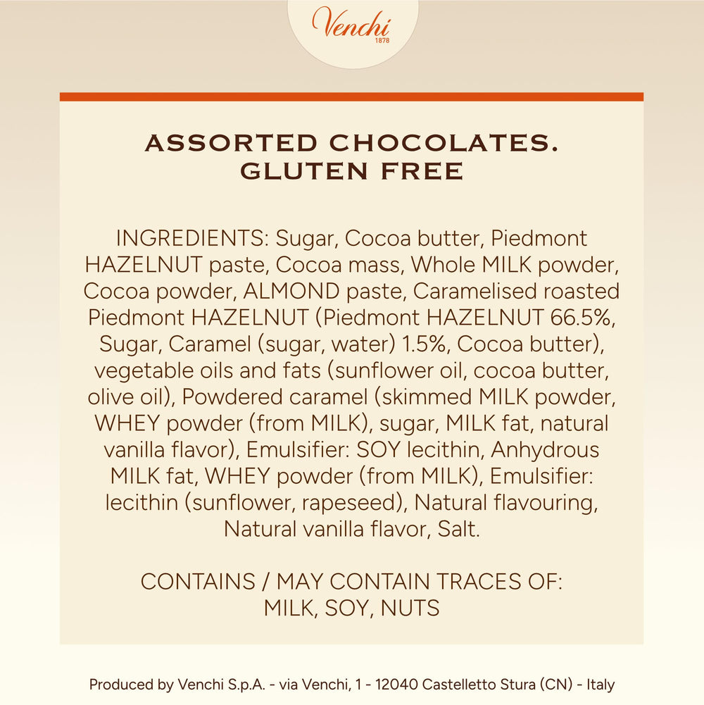 Venchi label and ingredient list closeup emphasizing natural ingredients and allergy awareness
