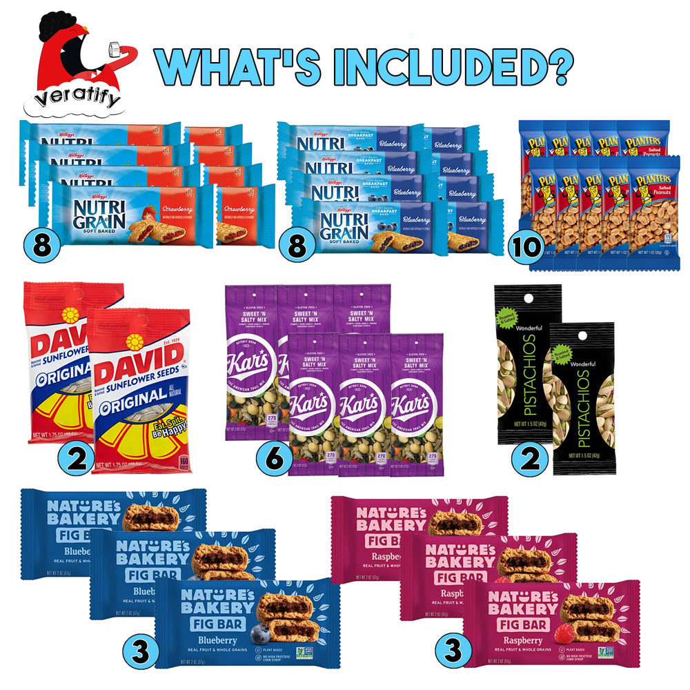 veratify overhead spread of all 101 individually sealed snacks for quick selection
