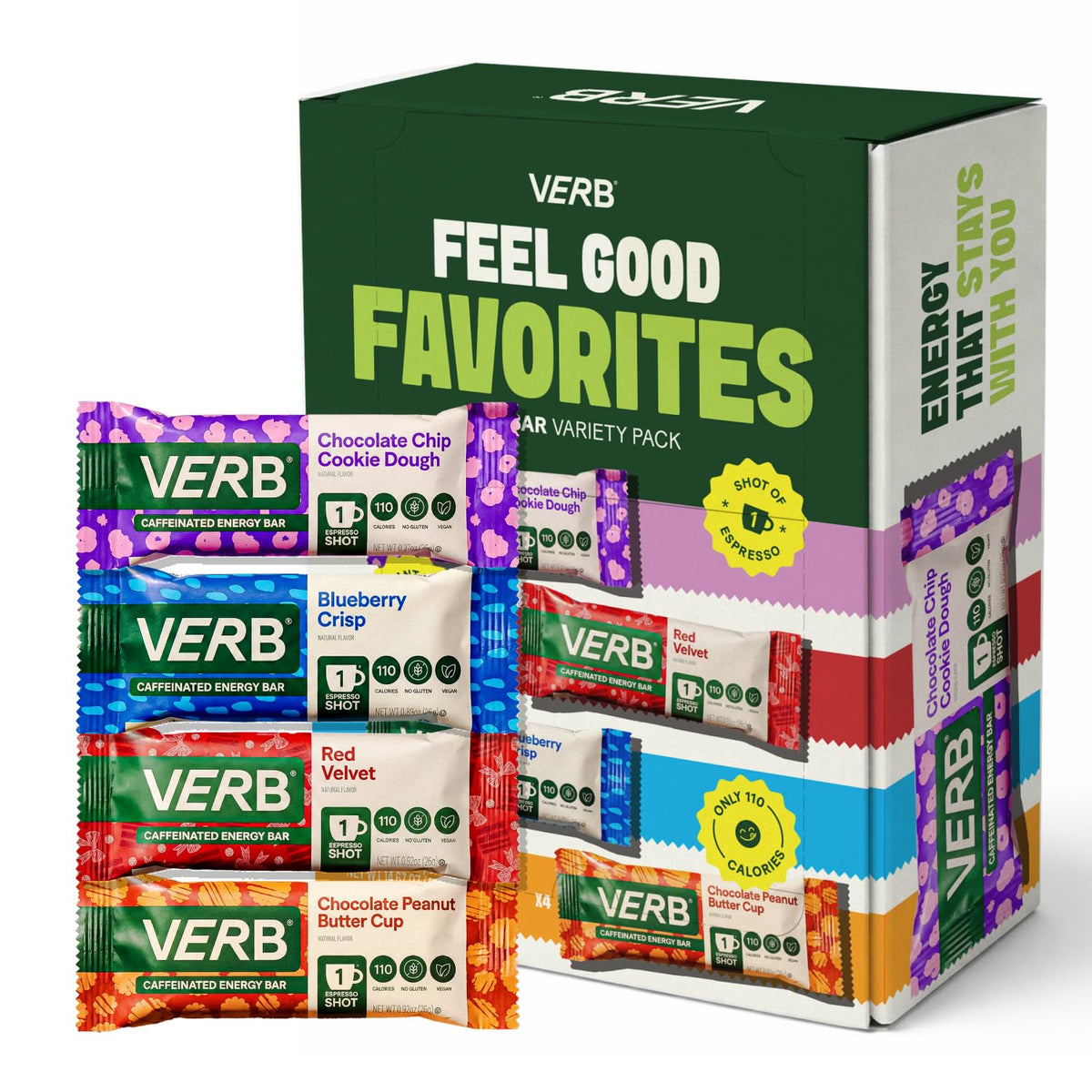 Verb Caffeinated Energy Bars front packaging showing variety pack benefits