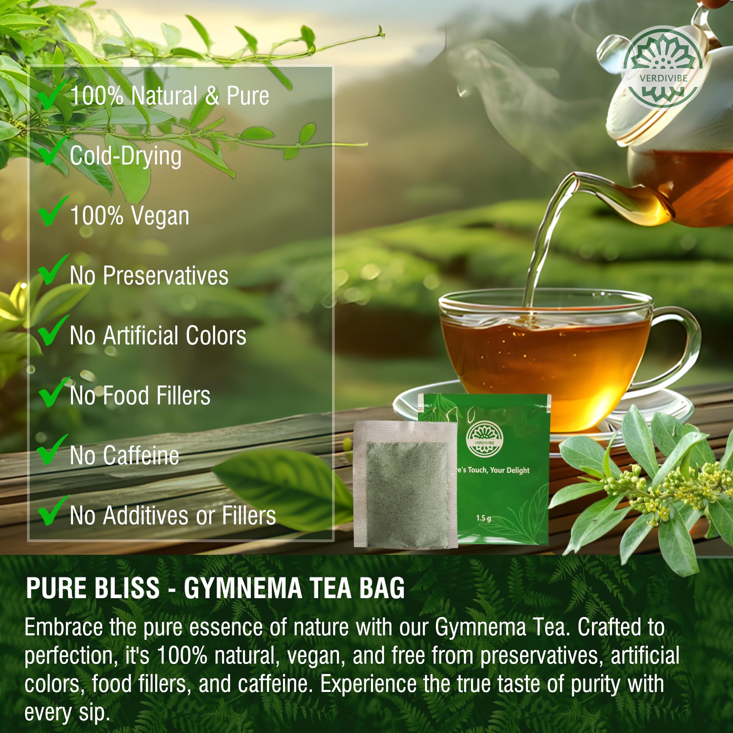 VERDIVIBE tea bag steeping in cup showcasing easy brewing