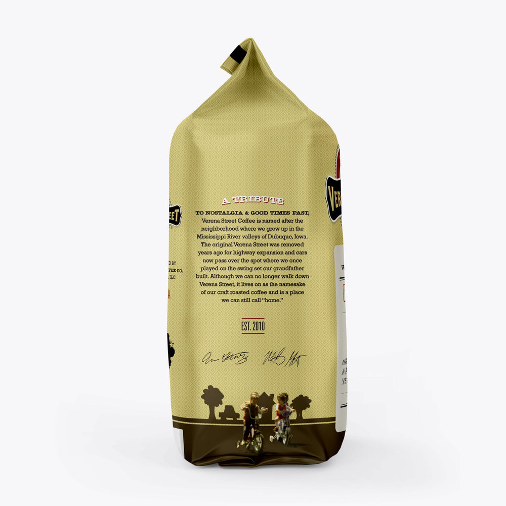 Verena Street bag label detail with roast level and certification for quick reference