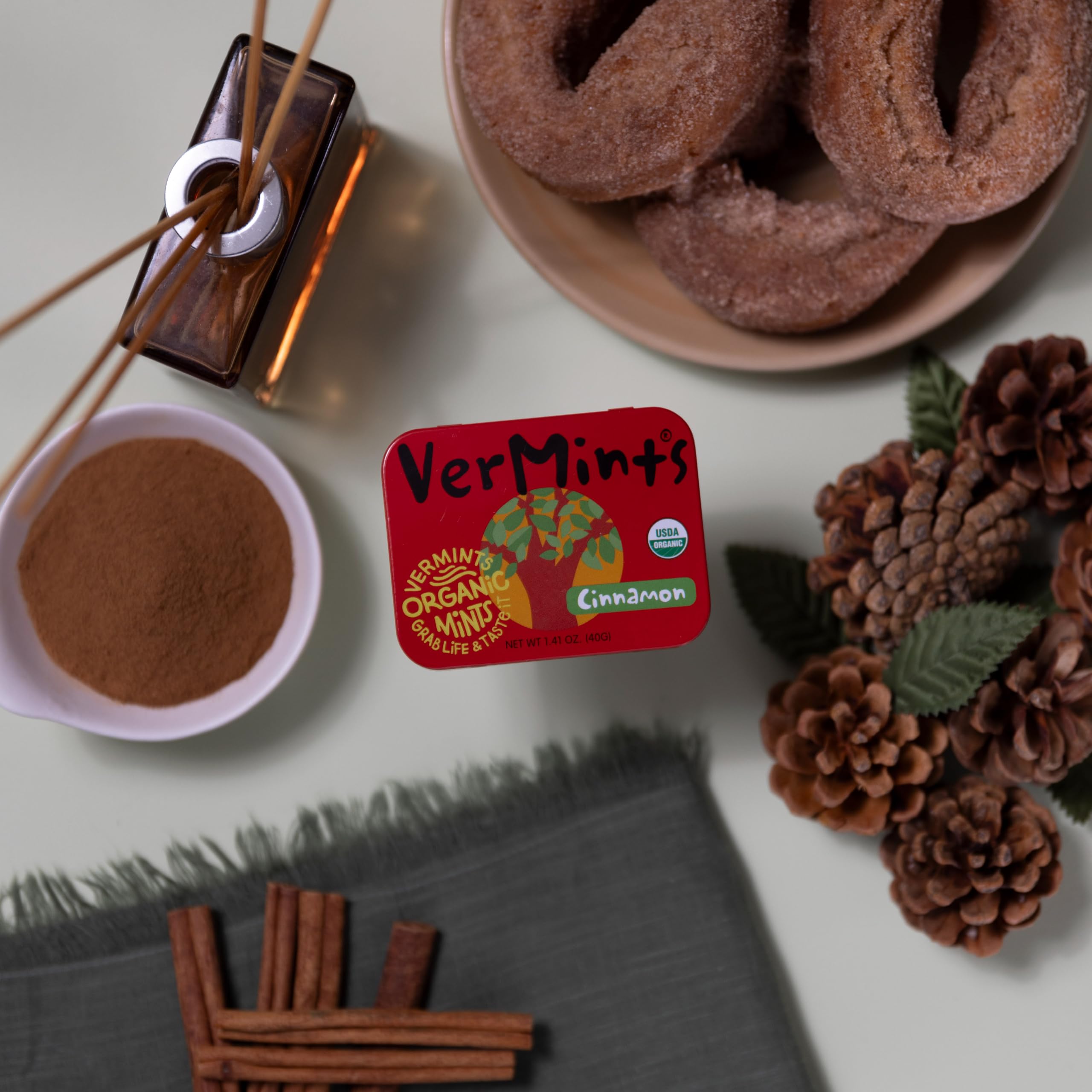 VerMints ingredients shot with peppermint leaves and cinnamon sticks showing natural sourcing benefit