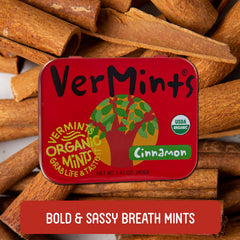 VerMints open tin revealing cinnamon mints ready to refresh breath on the go