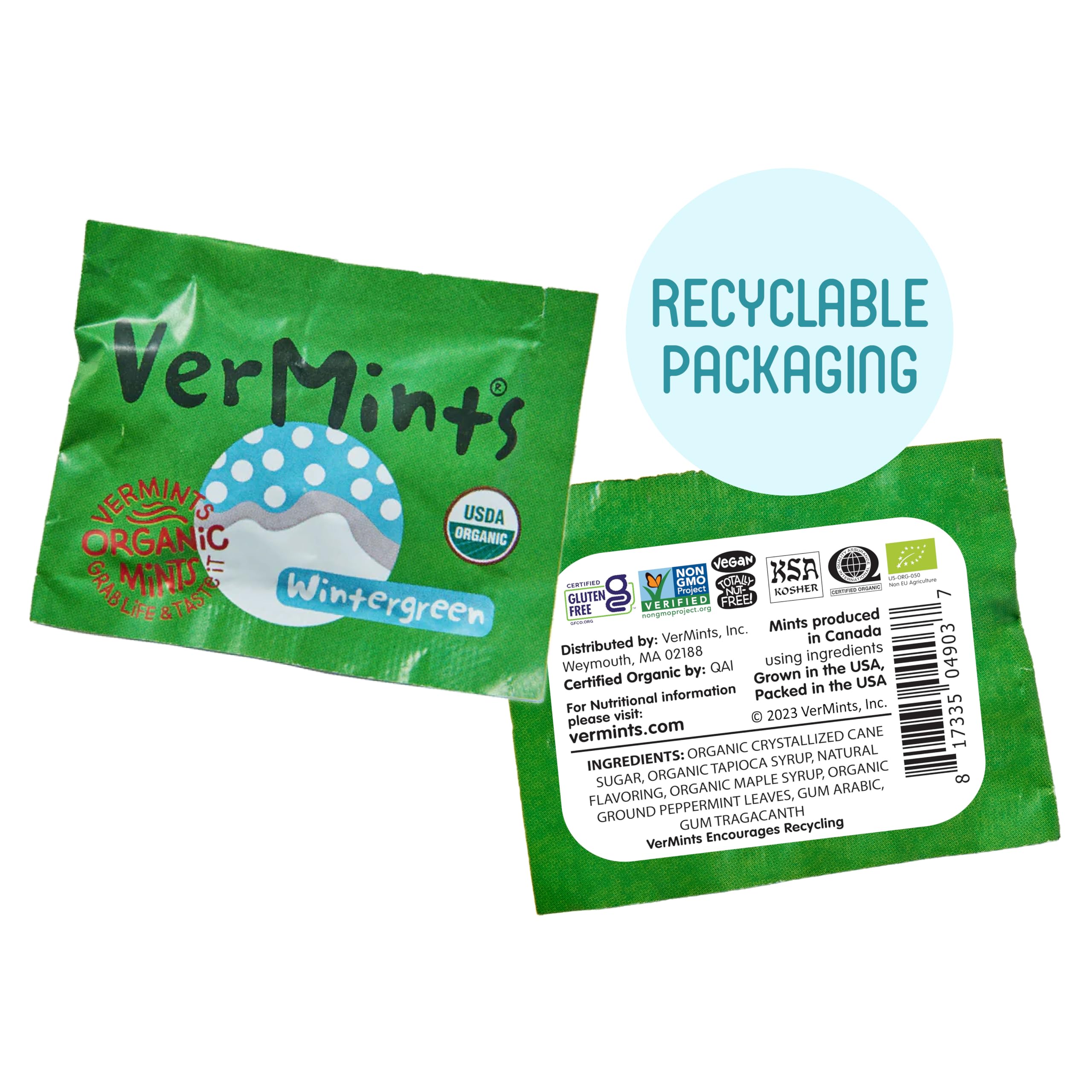 Vermints 100-count tin displayed with scattered mints for shareable freshness