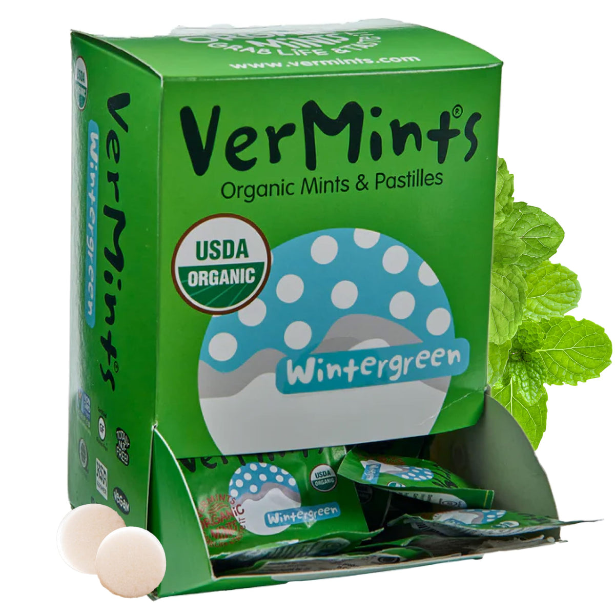 Vermints front packaging showing wintergreen mints and organic badge for natural refreshment