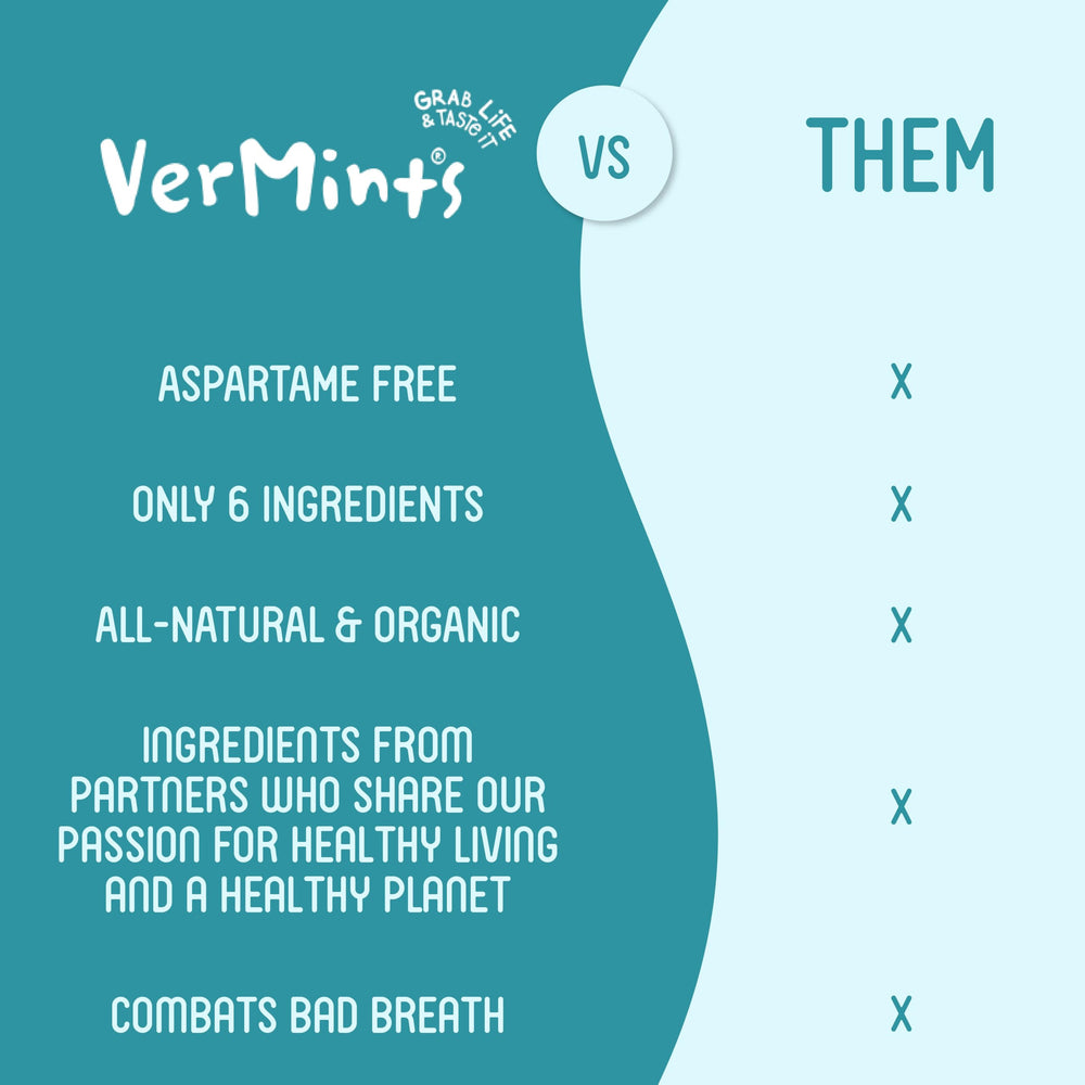 Vermints mint leaves and wintergreen oil depiction showing plant-based flavor sources