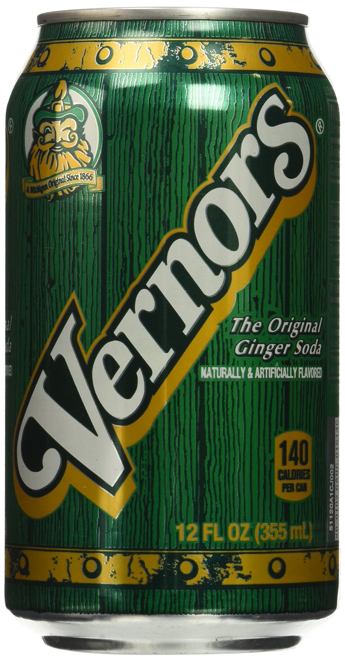 Vernors front can packaging showing golden gingerale and vintage label, refreshing bold flavor