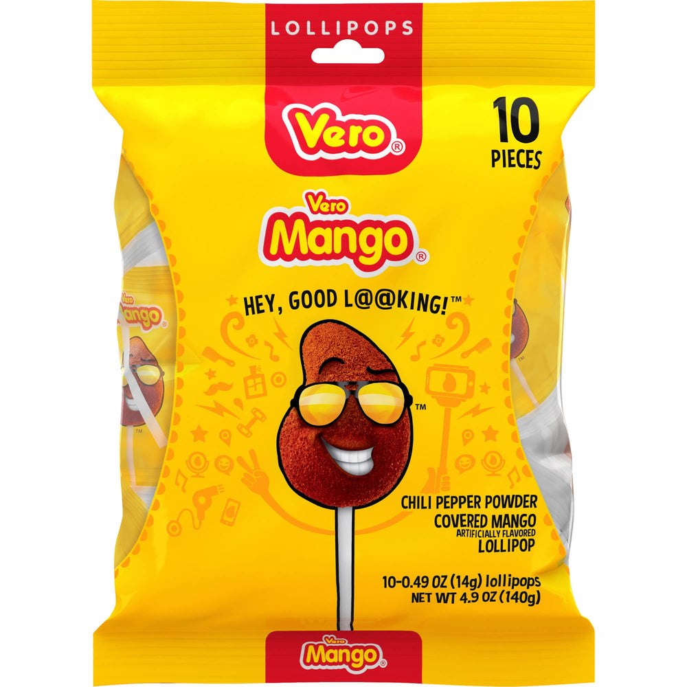 Vero front packaging view showing colorful mango chili lollipop bag and branding