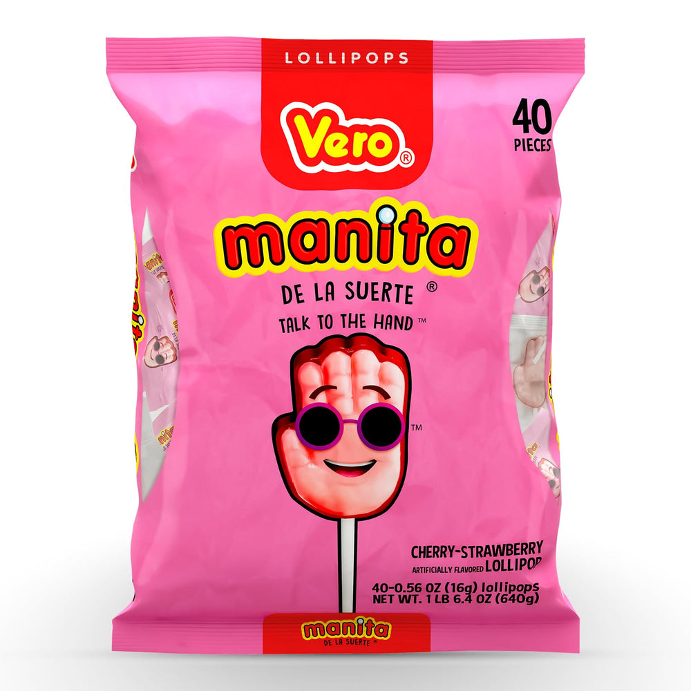 Vero Manita front bag view showing colorful strawberry cherry lollipops and branding for easy recognition