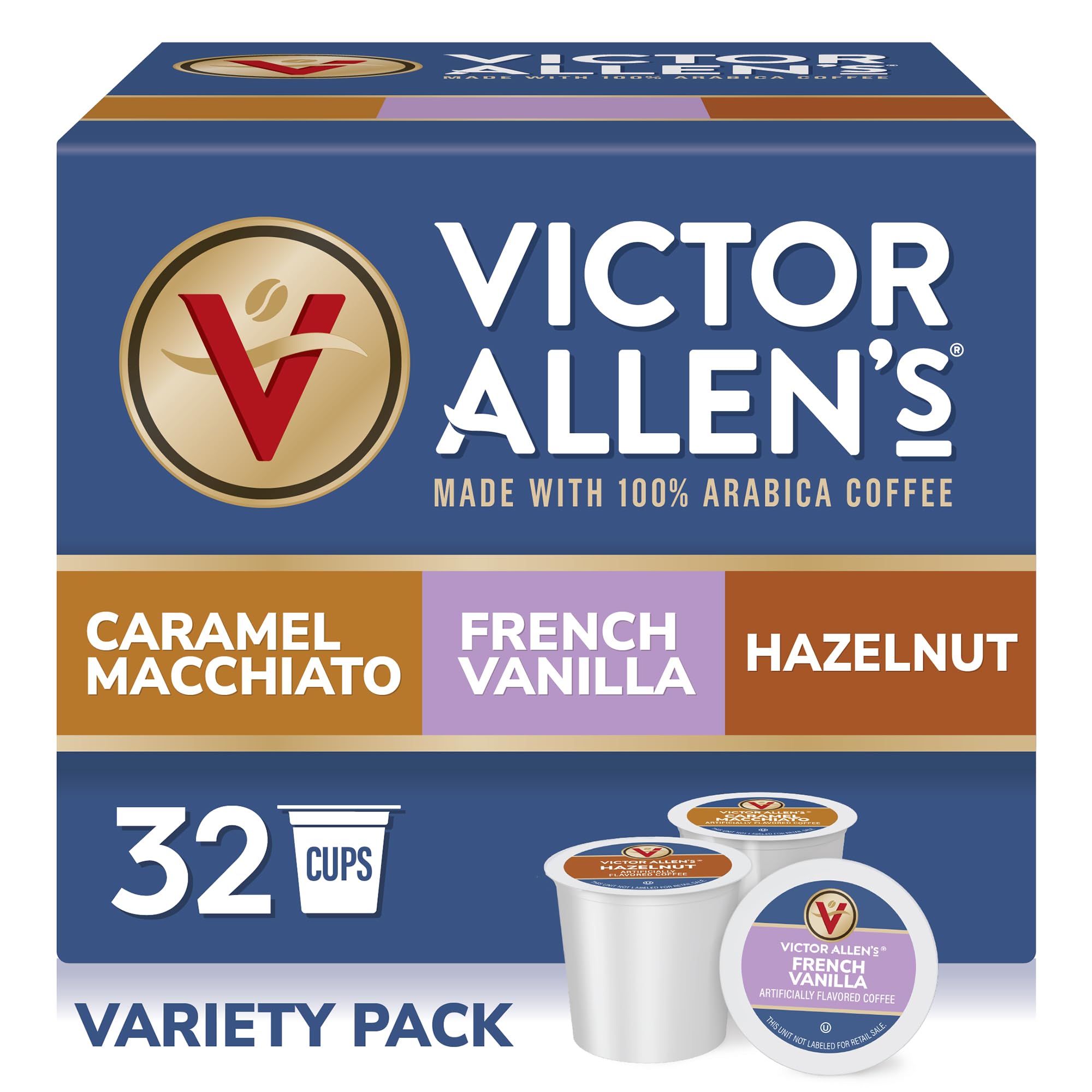 Victor Allen's box front showing three flavored pods and brand for easy selection