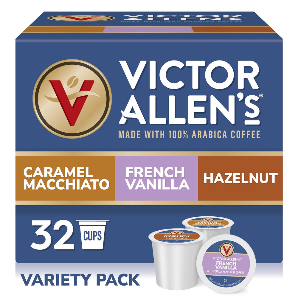 Victor Allen's box front showing three flavored pods and brand for easy selection