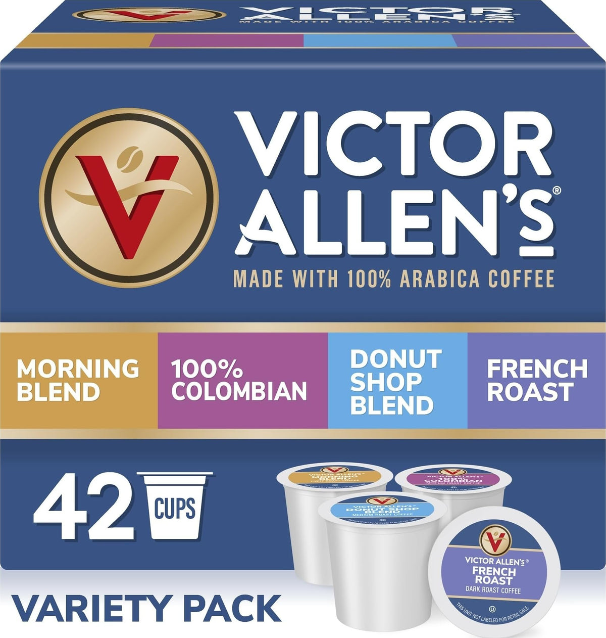 Victor Allen's Coffee front packaging showing 42-count variety pack and benefits