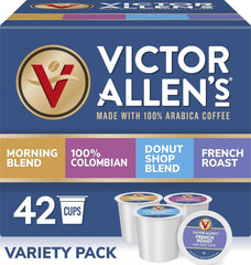 Victor Allen's Coffee front packaging showing 42-count variety pack and benefits