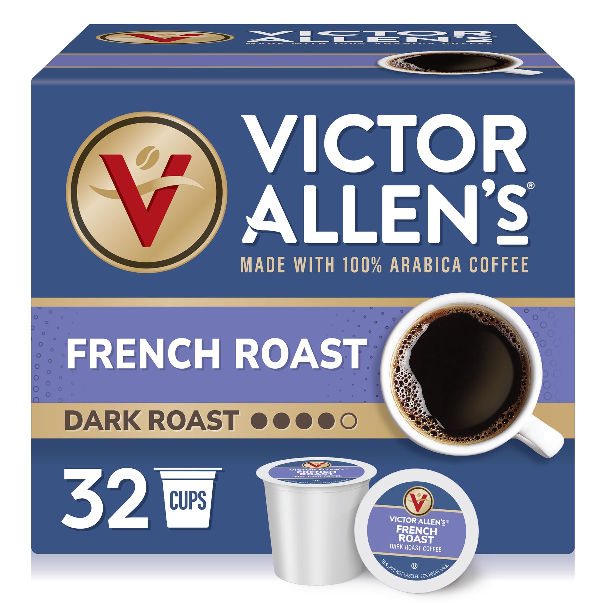 Victor Allen's front box showing French Roast pods and bold packaging benefit convenience