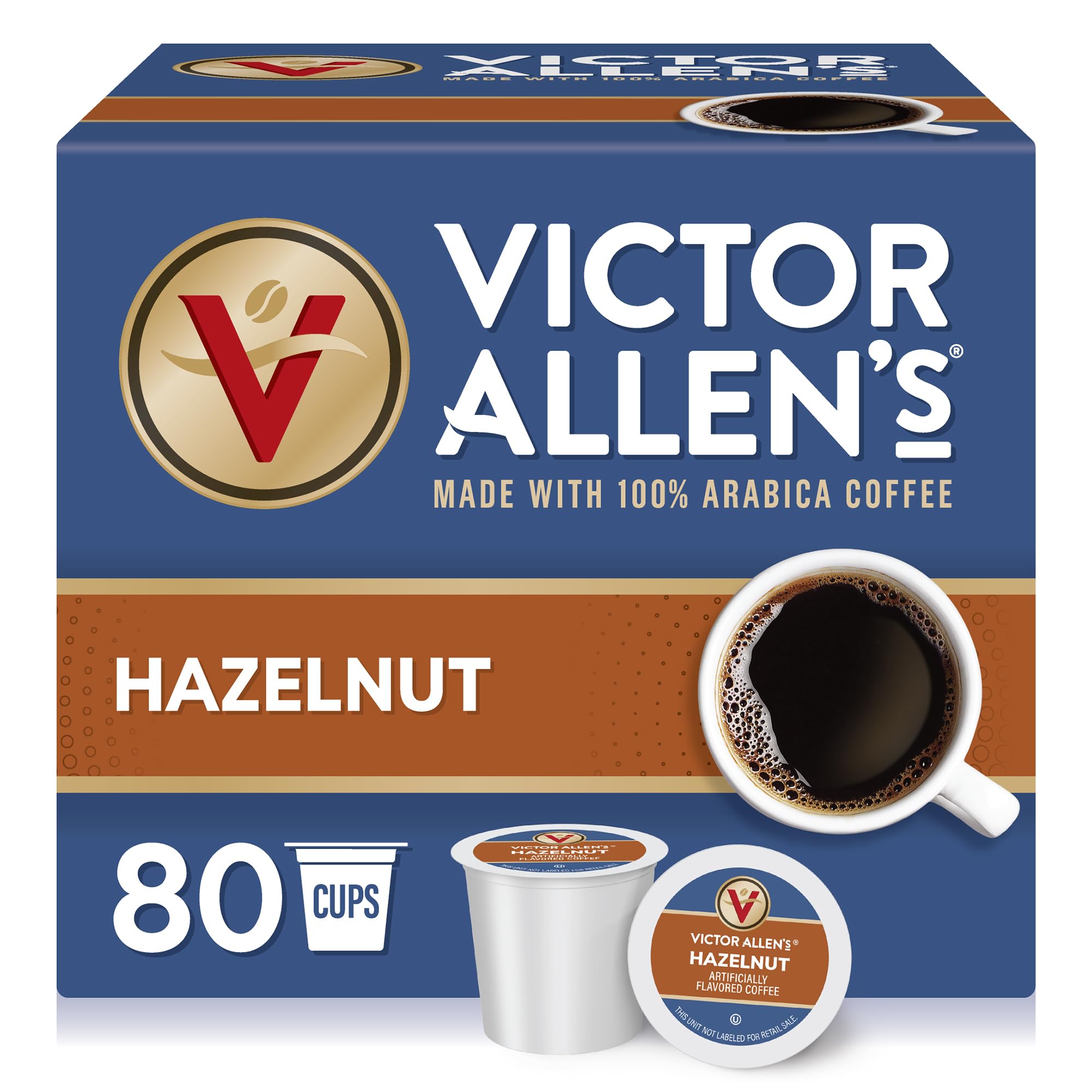 Victor Allen's front packaging showing 80-count box and hazelnut branding benefit: large supply