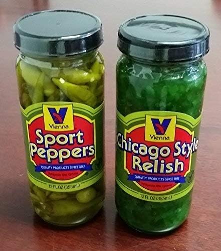 Vienna Beef hot dog serving with relish and sport peppers for authentic taste