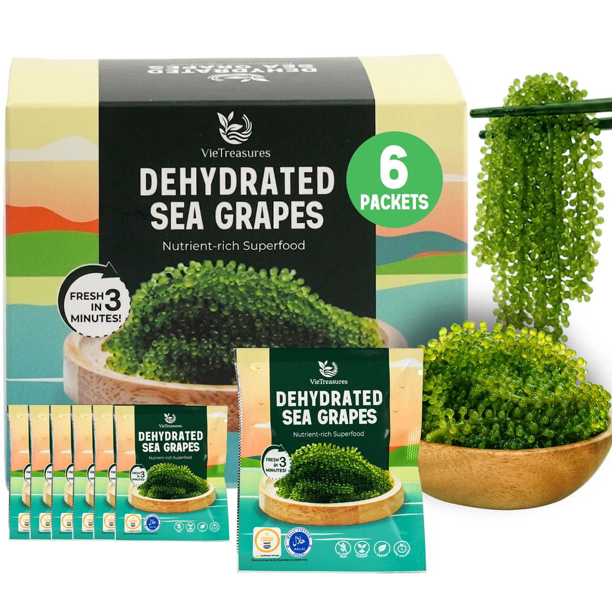 VieTreasures front packaging showing six travel-ready sea grape sachets for convenience