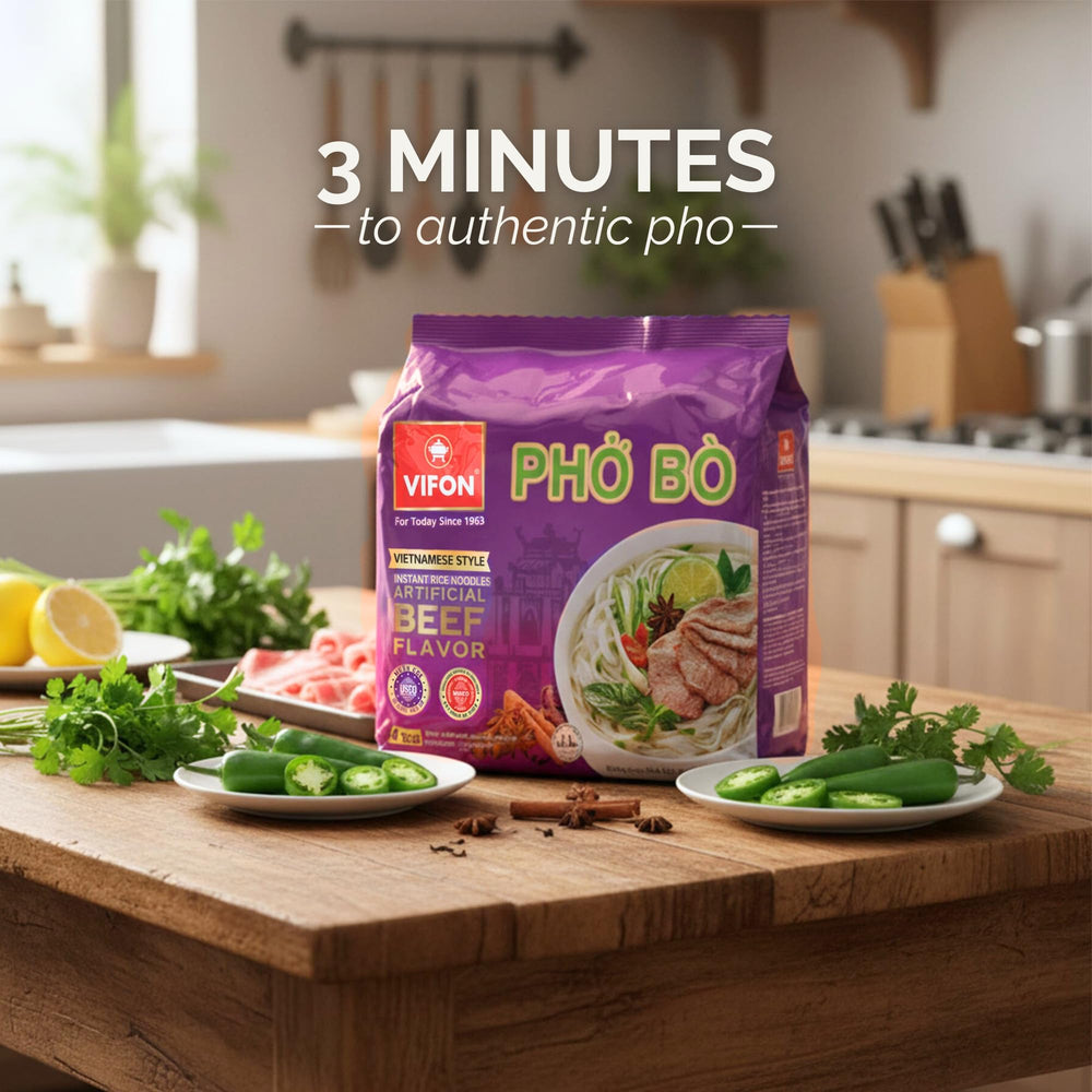 Served VIFON phở garnished with herbs showing customization options