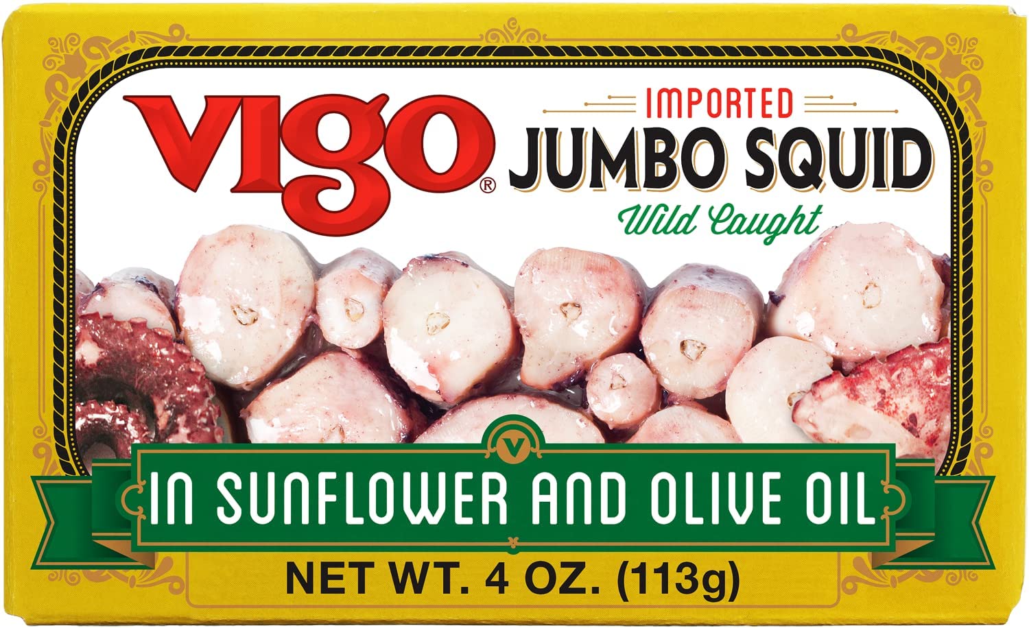 Vigo front packaging showing branded jumbo squid and benefits