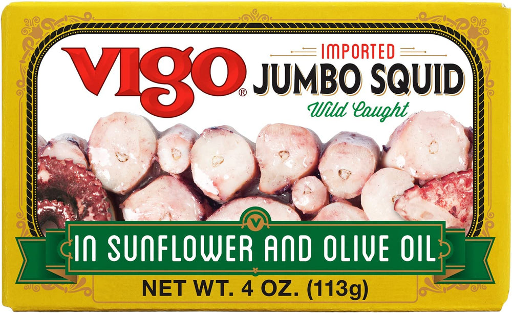 Vigo front packaging showing branded jumbo squid and benefits