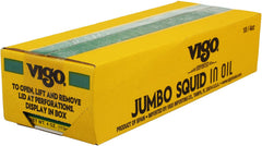 Vigo open tin revealing squid soaked in oil for ready use